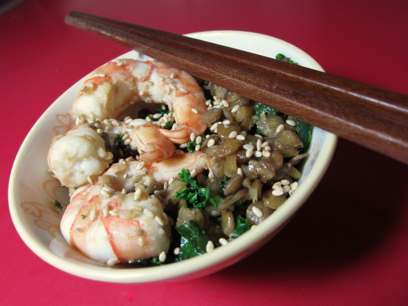 Wasabi Miso Lentils with Shrimp and Greens