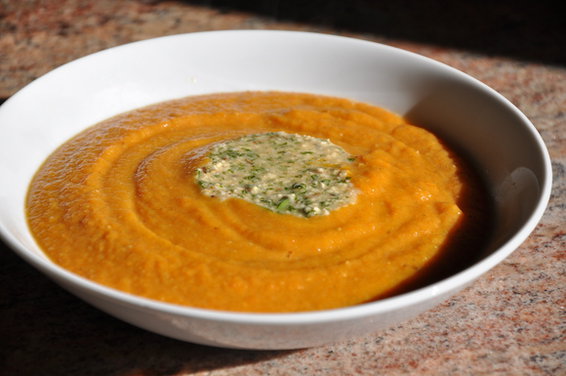 Masoor Dal and Carrot Soup with Cashew and Cilantro Pistou