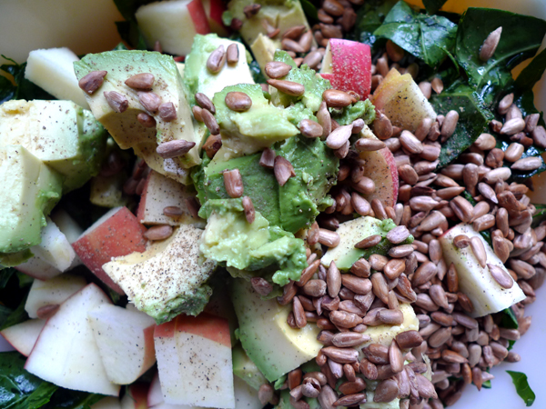 Massaged Kale Salad with Radish, Apple, Avocado, and Roasted Sunflower Seeds