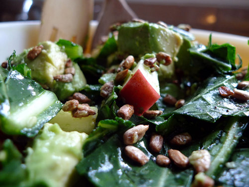 Massaged Kale Salad with Radish, Apple, Avocado, and Roasted Sunflower Seeds