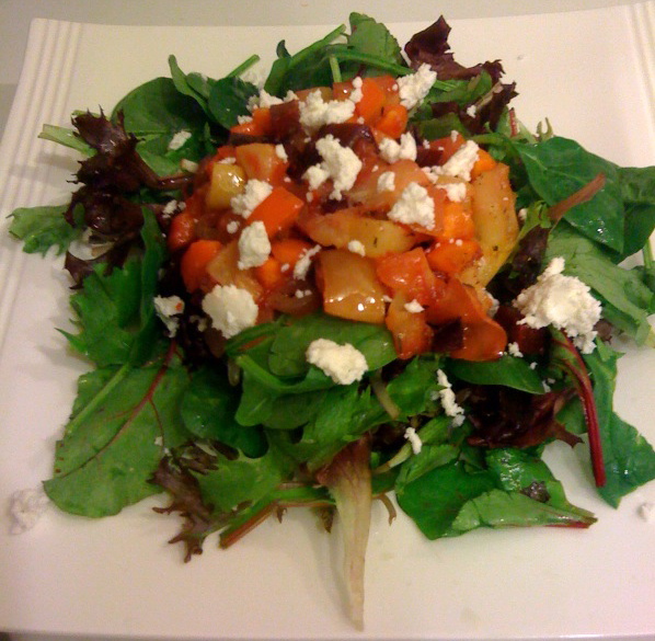 Green salad with roasted apple, beet and carrots with sherry thyme vinaigrette