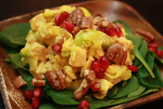 Spicy and Sweet Chicken Apple Salad with Pomegranates and Pecans