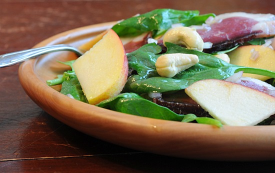 Baby Spinach Salad with Apples, Cashews and Prosciutto
