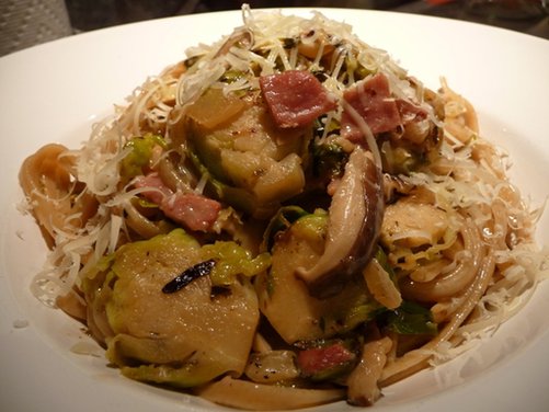 Brussel Sprout Pasta with Shiitake and Pancetta