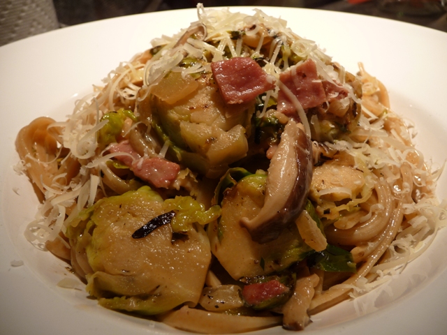 Brussel Sprout Pasta with Shiitake and Pancetta
