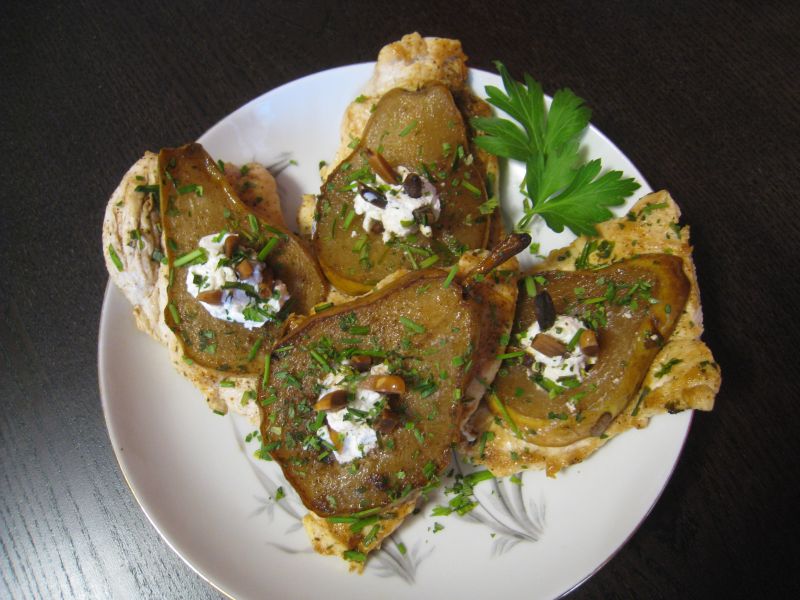 Chicken Paillards with Marinated Pear, Goat Cheese and Almond Slivers