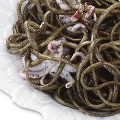 Squid ink spaghetti with heirloom cherry tomatoes