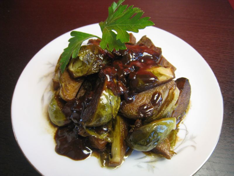 Marinated Brussels Sprouts with a Dark Chocolate Cayenne Sauce