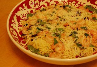 Capellini with Shrimp, Drunken Cherries and Basil