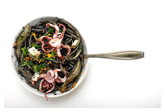 Pasta with Squid Ink, Orange-Braised Fennel and Tentacles