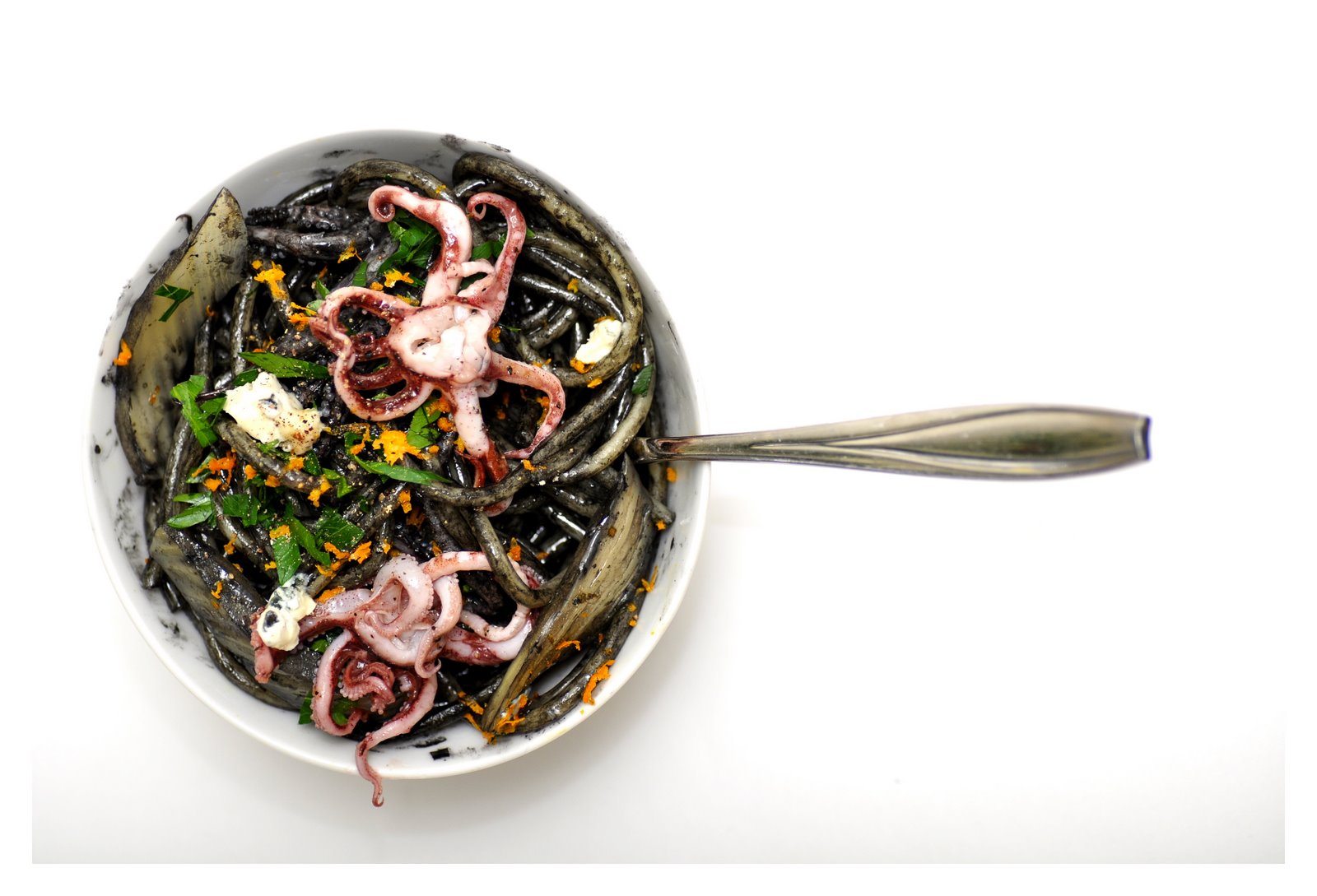 Pasta with Squid Ink, Orange-Braised Fennel and Tentacles