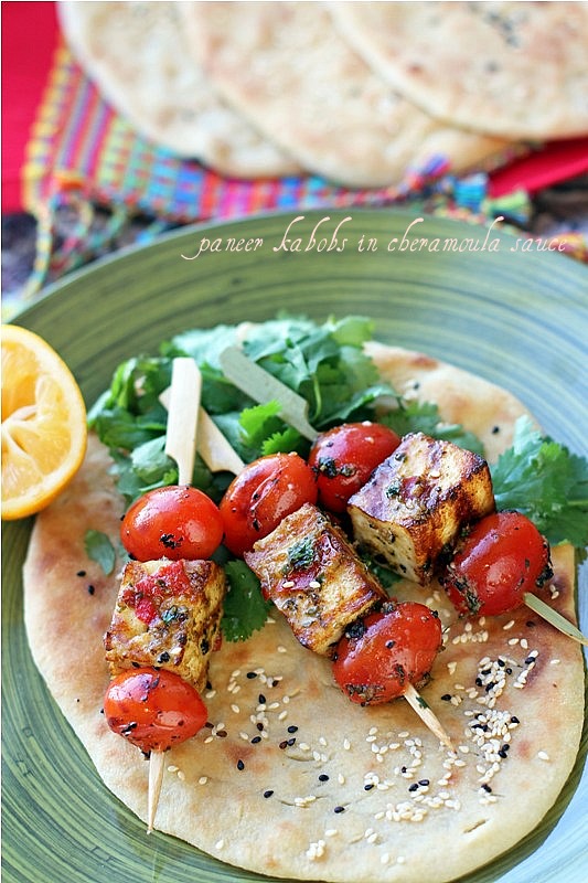 Homemade Grilled Paneer Kabobs in Moroccan Chermoula Sauce