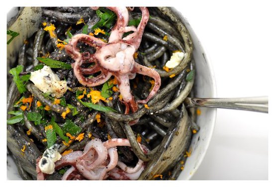 Pasta with Squid Ink, Orange-Braised Fennel and Tentacles