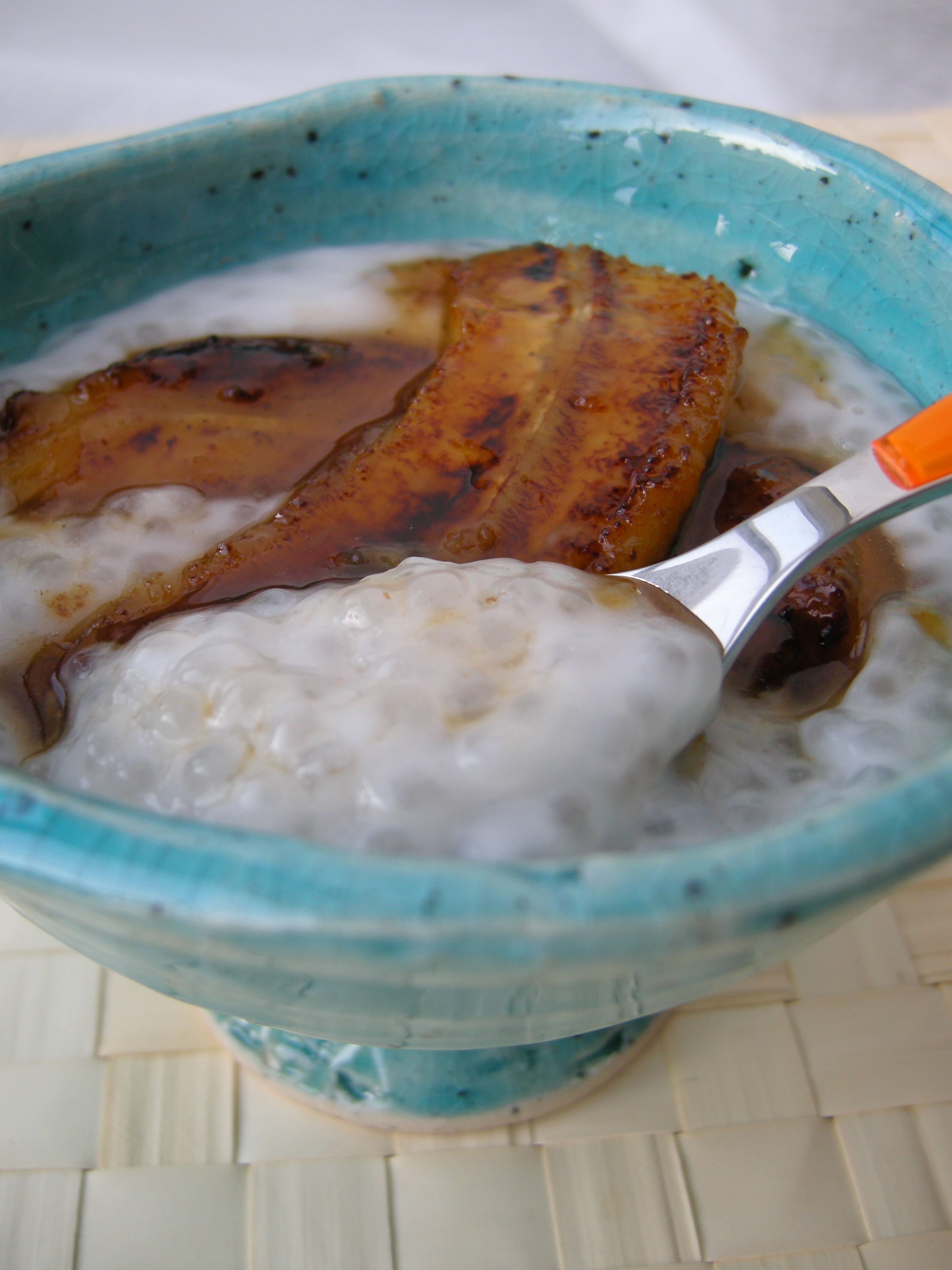 Coconut tapioca pudding with cardamom and caramelized bananas