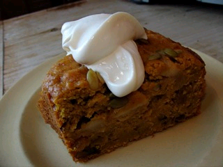 pumpkin spice cake with maple ginger mascarpone topping