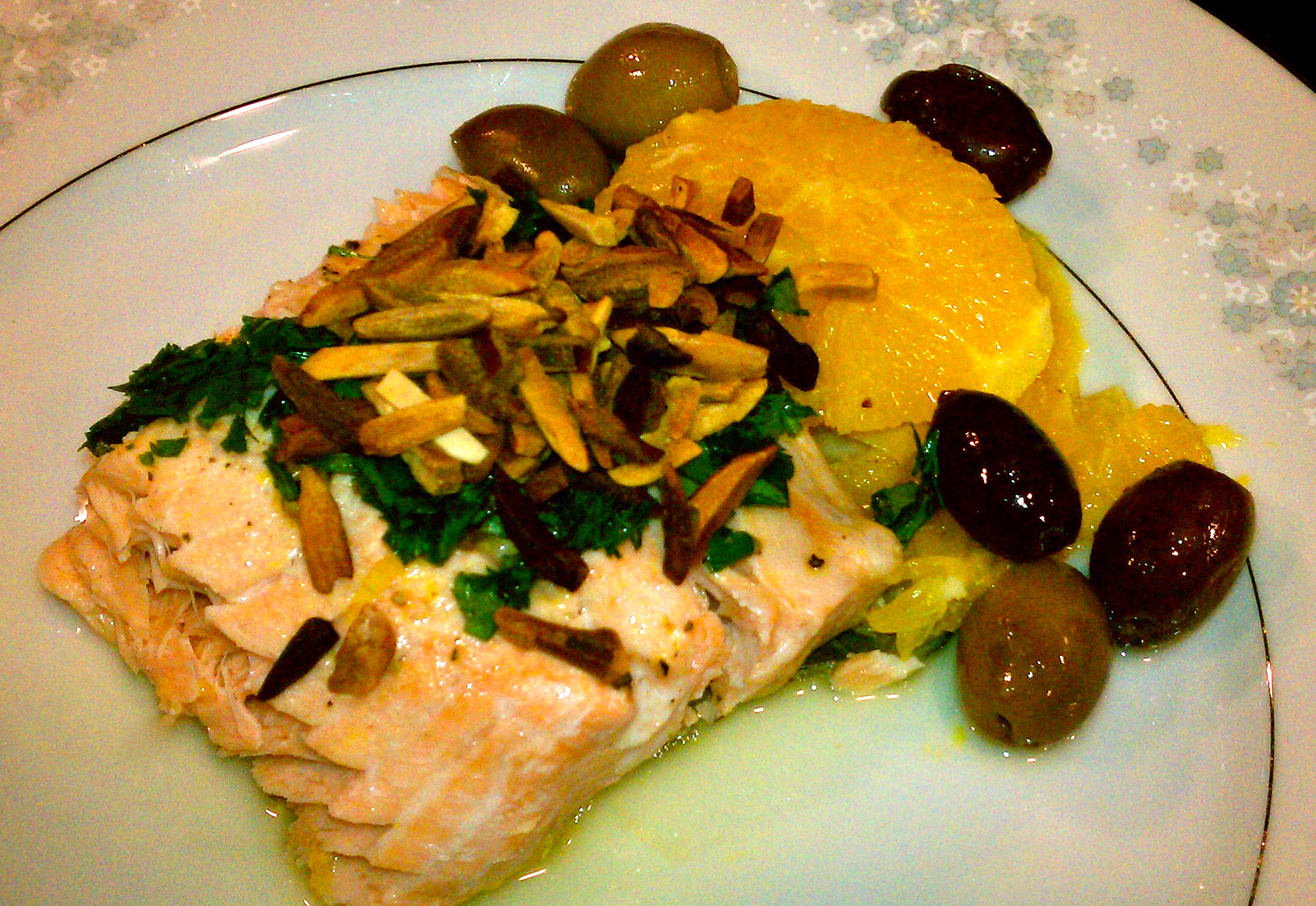 Pan Roasted Salmon with Olives, Oranges and Almonds