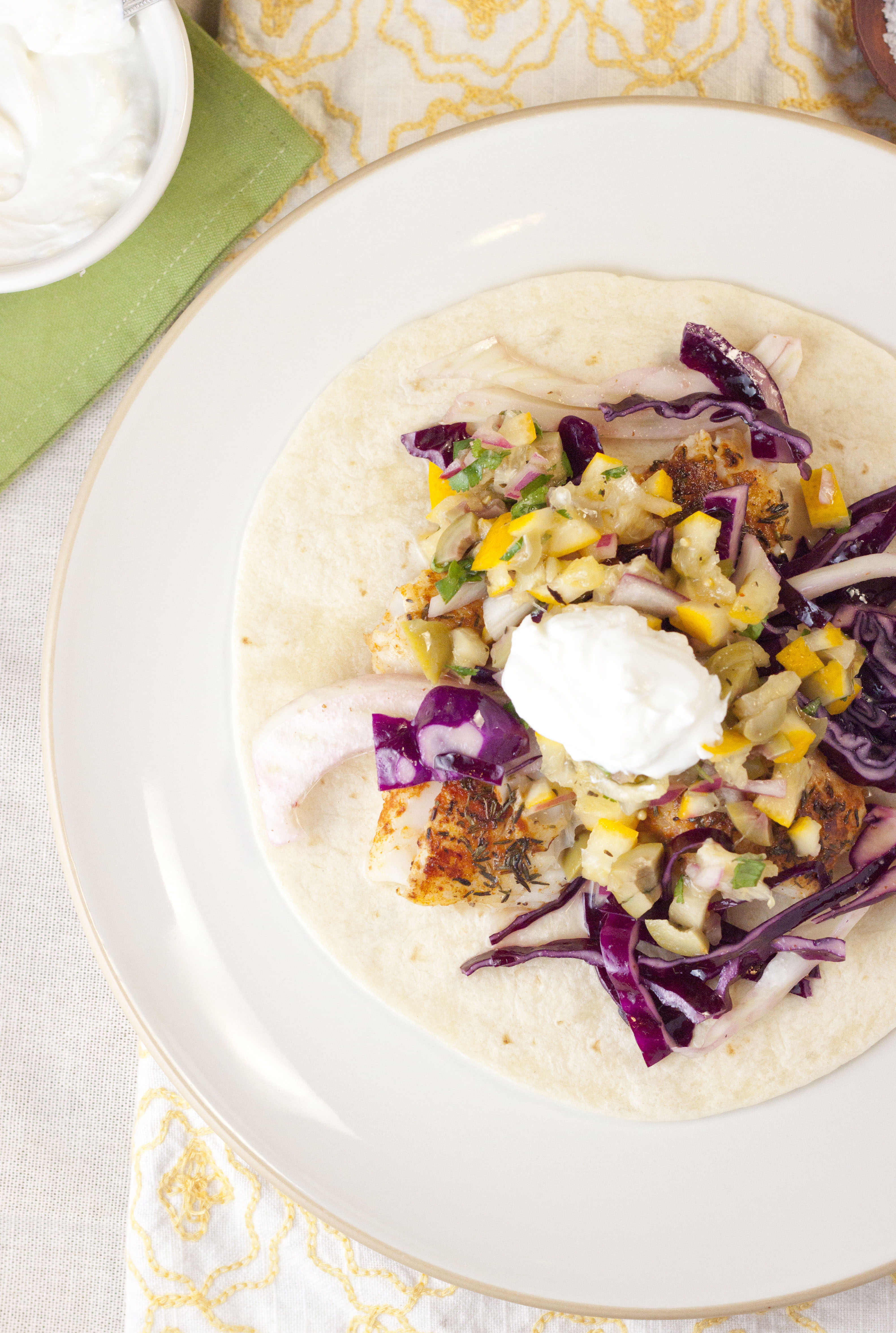 Mediterranean inspired fish tacos