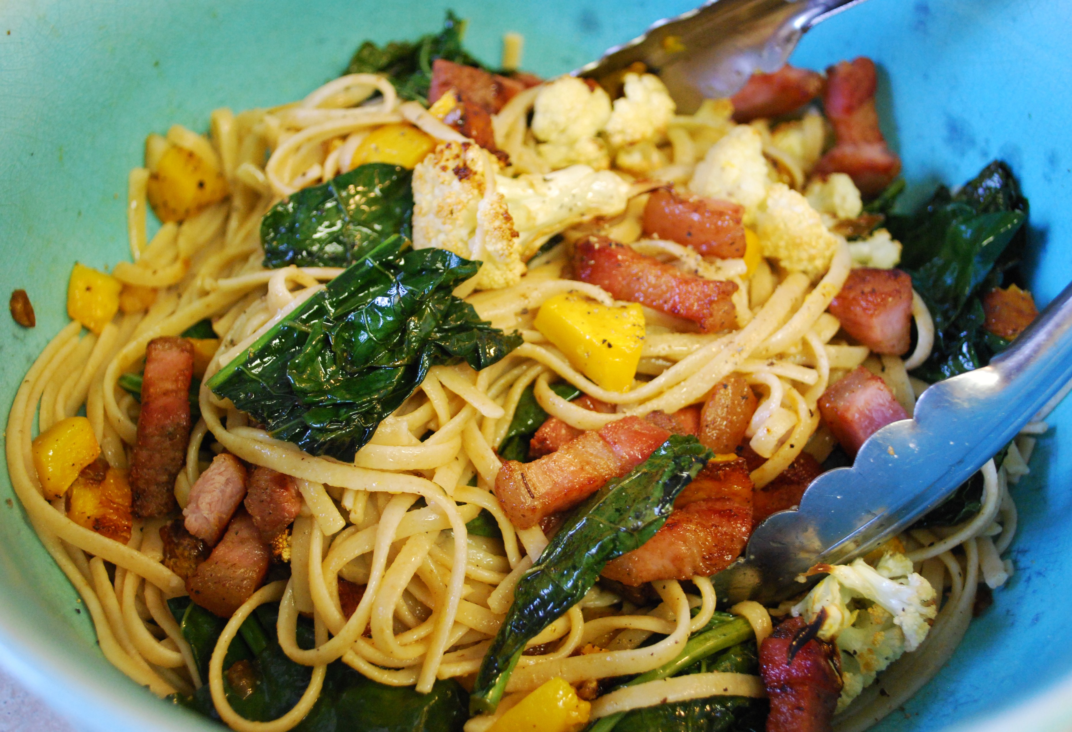 Roasted Cauliflower, Buttercup Squash, & Kale Spaghetti with Pancetta