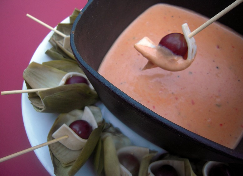 Artichoke Leaves and Cumin Sour Grape Dippers with Pepper Jack Fondue