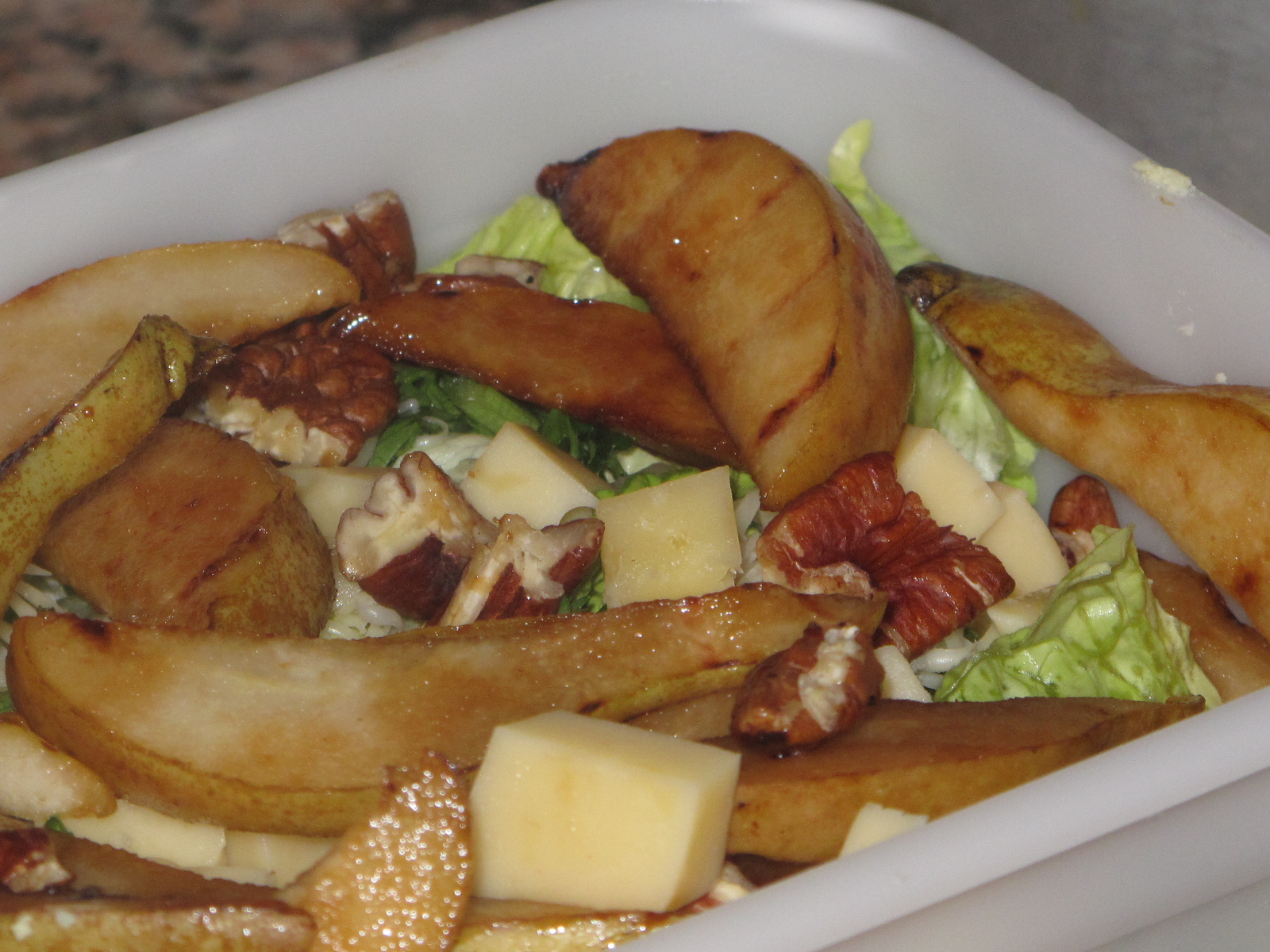 Pan grilled pear salad with pecans and maple dressing