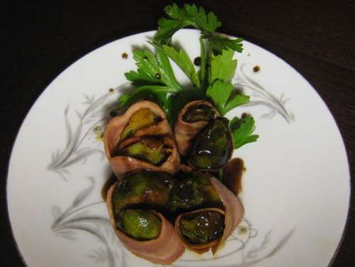 Turkey Bacon Wrapped Seared Brussels Sprouts with a Red Wine Reduction