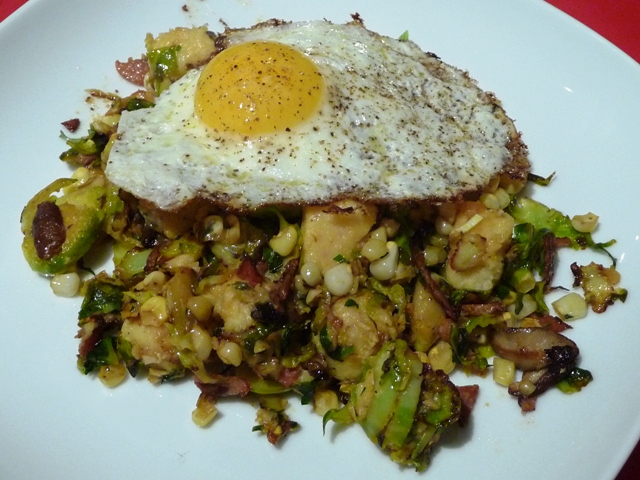 Brussels Sprout and Corn Hash (with "Hard" Polenta Cubes)