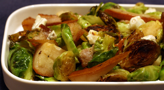 Pan Roased Brussels Sprouts with Bacon, Pears, Gorgonzola and Crispy Pumpkin Seeds