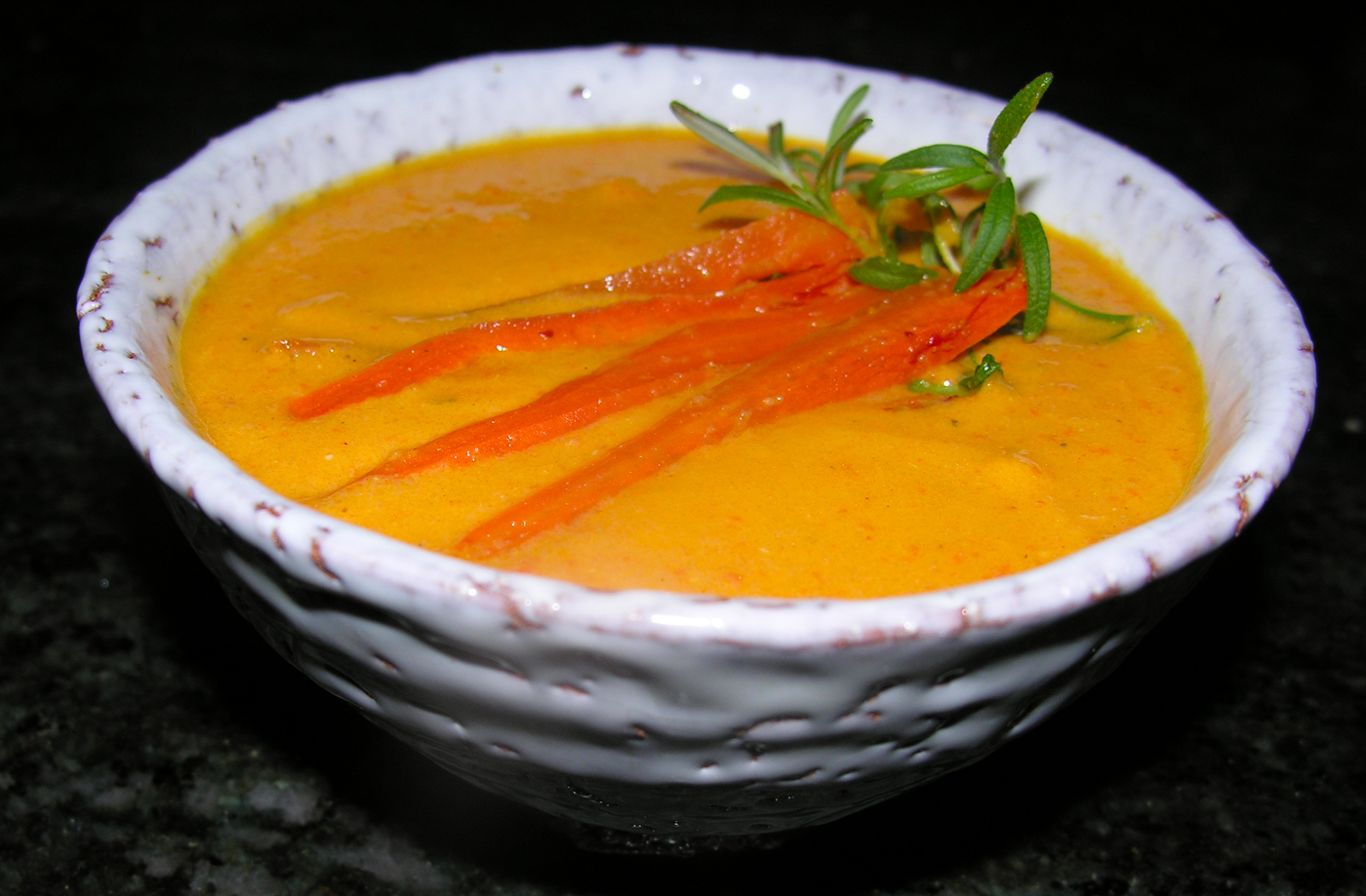 Roasted carrot soup with Meyer lemon and rosemary