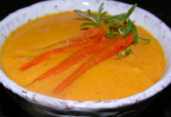 Roasted carrot soup with Meyer lemon and rosemary