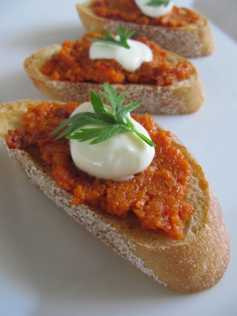 Roasted Carrot Harissa and Crème Fraiche Crostini 