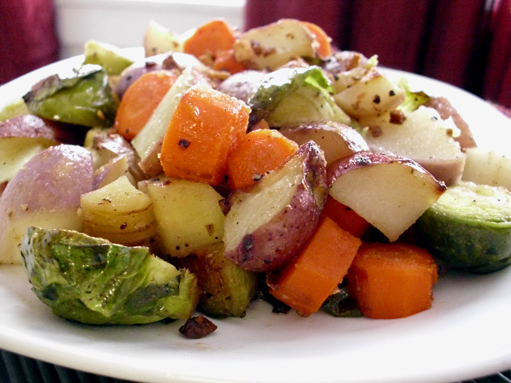 Honey-Glazed Roots & Sprouts with Pan-fried Garlic
