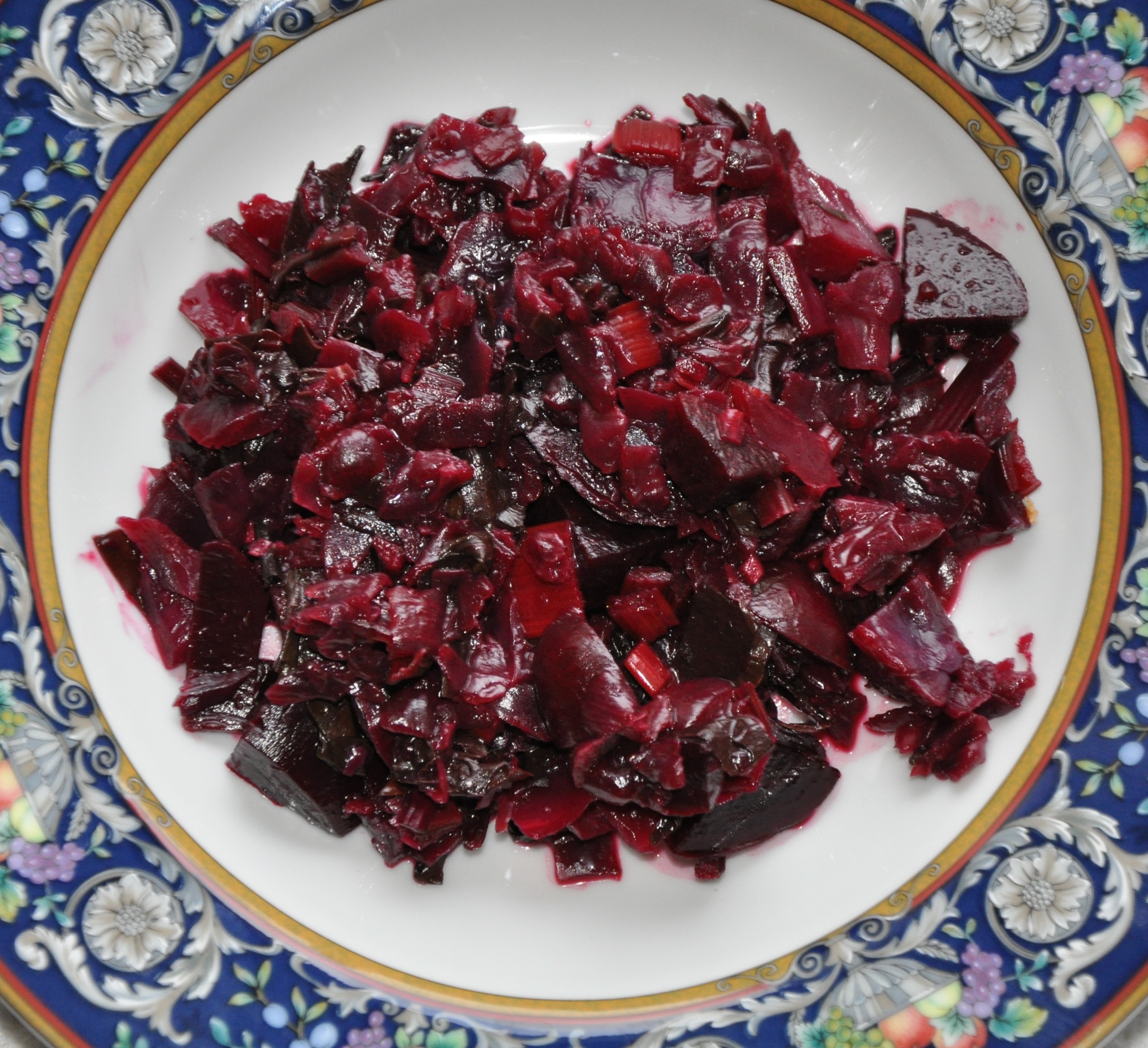 Bright Winter Side (Sauteed Beet Greens, Red Chard and Red Cabbage with Roasted Beets)