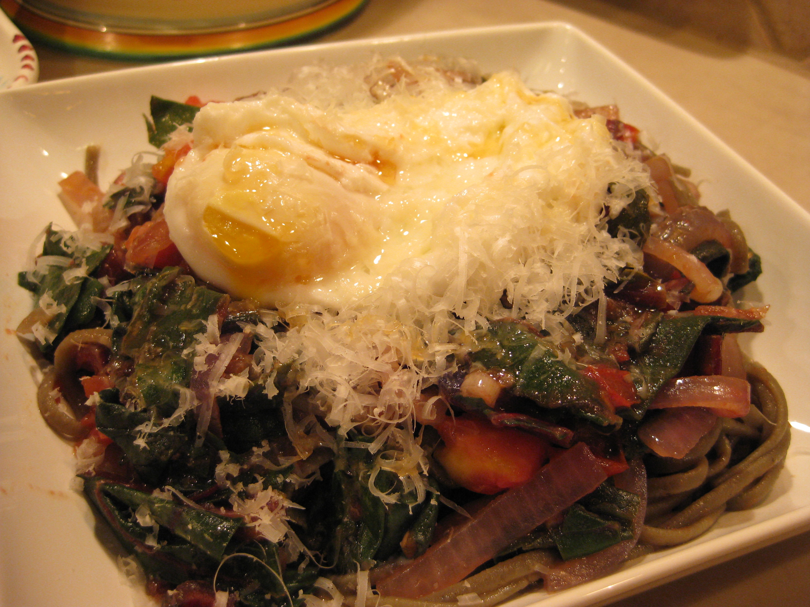 Chard, Onions, Pasta and an Egg