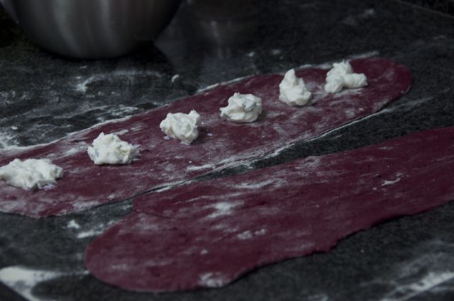 Beet Ravioli with Goat Cheese, Ricotta and Mint Filling 