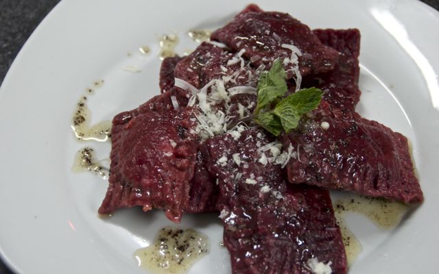 Beet Ravioli with Goat Cheese, Ricotta and Mint Filling 