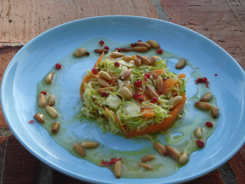 Shredded Raw Brussels Sprouts Salad with Red Peppercorns and Honey Mustard Vinaigrette