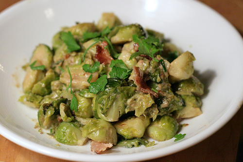 Brussels Sprouts Braised in Cream with Bacon