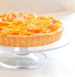 Candied Winter Citrus Tart with Vanilla Custard, Dark Chocolate, & Flaked Salt in a Whole Wheat Almond Shortbread Crust