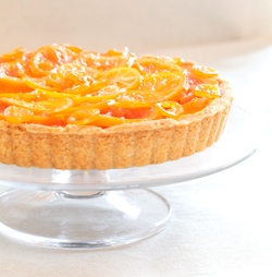 Candied Winter Citrus Tart with Vanilla Custard, Dark Chocolate, & Flaked Salt in a Whole Wheat Almond Shortbread Crust