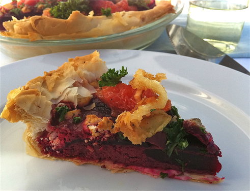 Roasted Beet Custard Tart with Caramelized Grapefruit & Crispy Onions