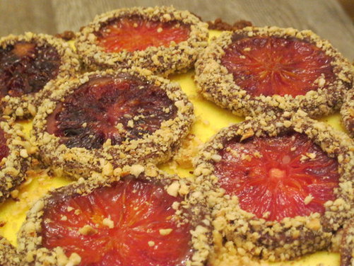 Hazelnut-Gingersnap crusted Ricotta Tarte with Candied Blood Oranges