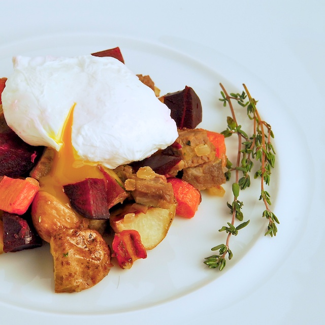 Corned Beef and Root Vegetable Hash with Poached Eggs