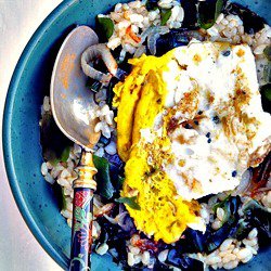 Short Brown Rice Ochazuke with Caramelized Shallots and Fried Egg