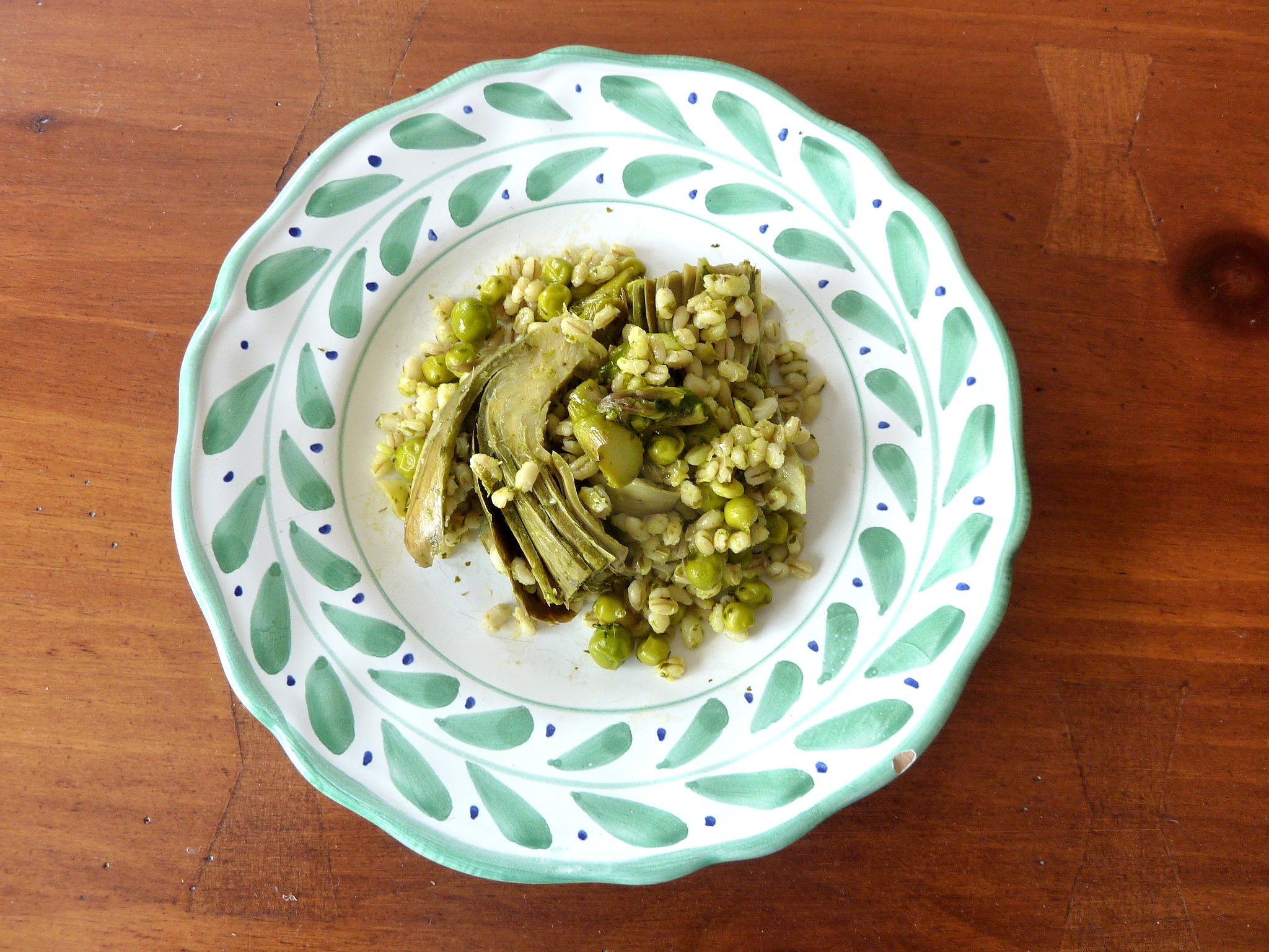 Springtime Barley Pilaf with Spring Peas, Asparagus, and Artichokes with a Mint Pesto