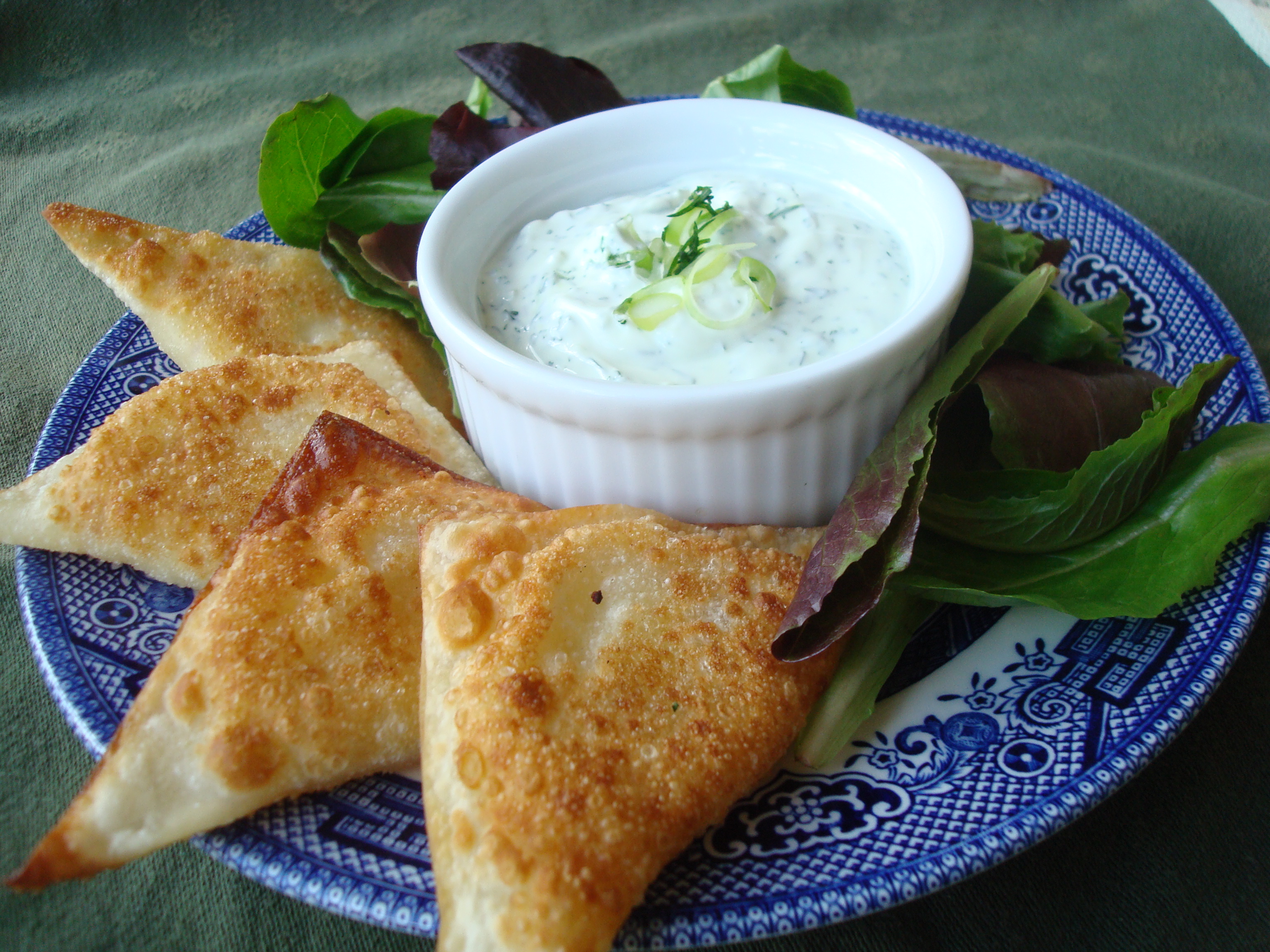 Pan-Fried Bacon, Scallion, Cheddar and Potato Wontons with Herb Dip