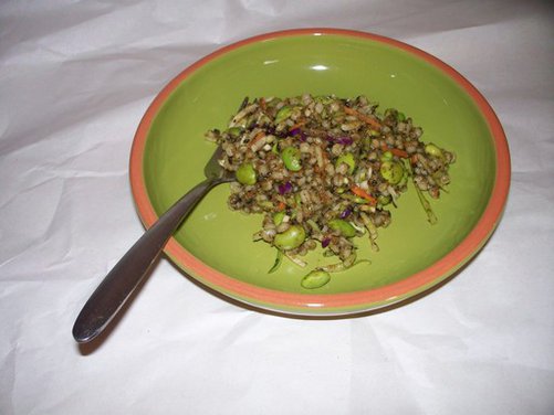 Barley with Edamame, Broccoli Slaw, and Carrot Ginger Black Sesame Paste