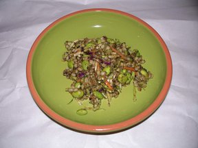 Barley with Edamame, Broccoli Slaw, and Carrot Ginger Black Sesame Paste