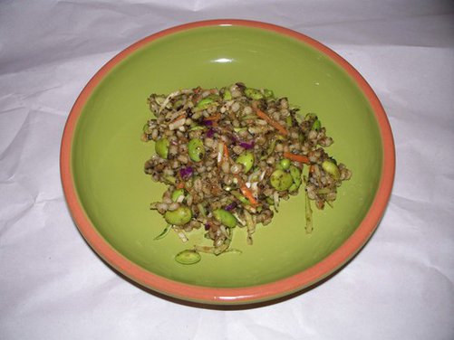 Barley with Edamame, Broccoli Slaw, and Carrot Ginger Black Sesame Paste