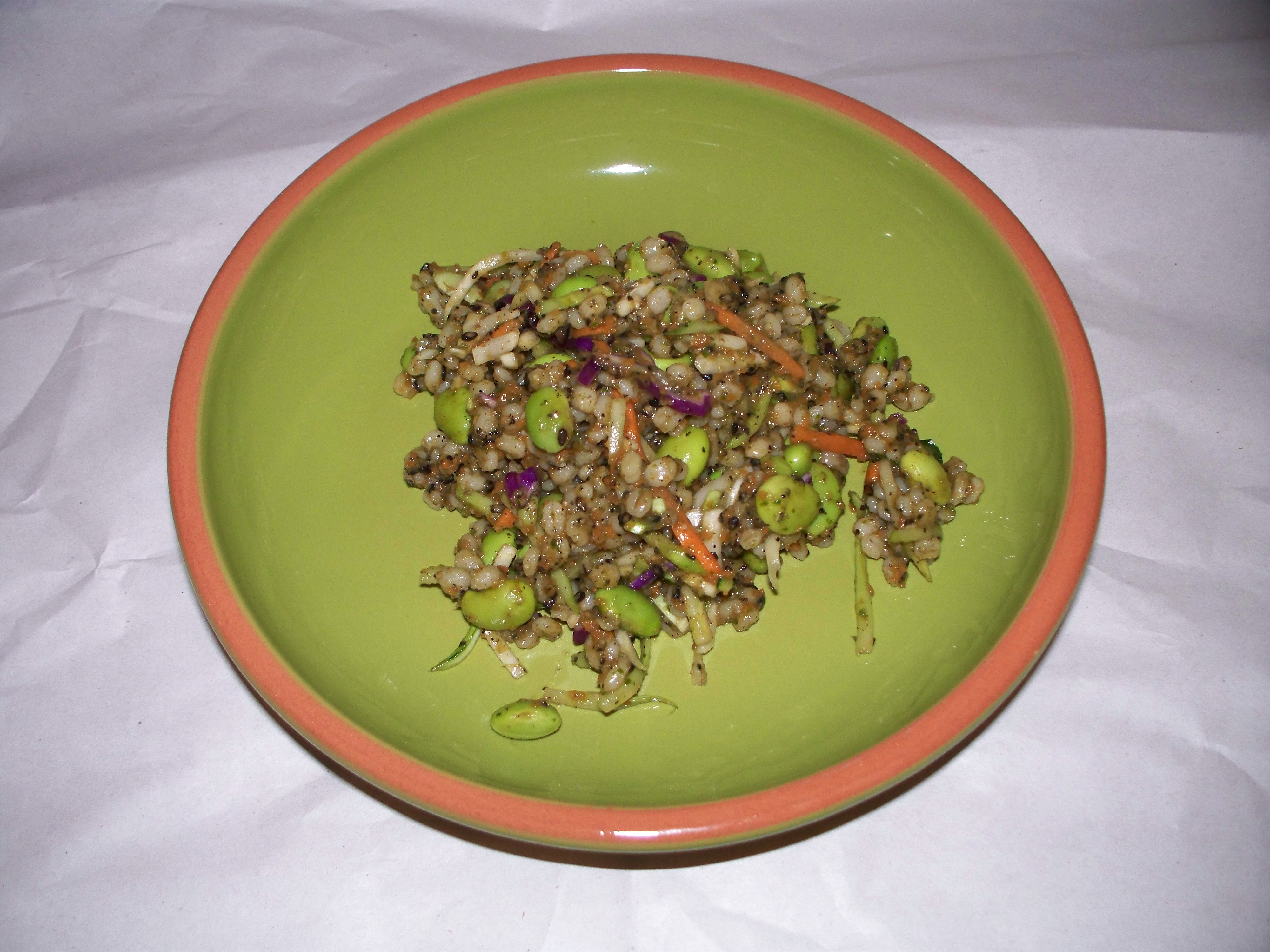 Barley with Edamame, Broccoli Slaw, and Carrot Ginger Black Sesame Paste