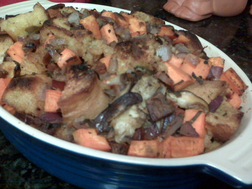 Ciabatta Stuffing with Chorizo, Sweet Potato, and Mushrooms